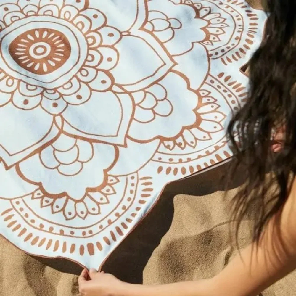Vix Paula Hermanny Blue Brown Lotus Flower Beach Towel about 52” diameter
